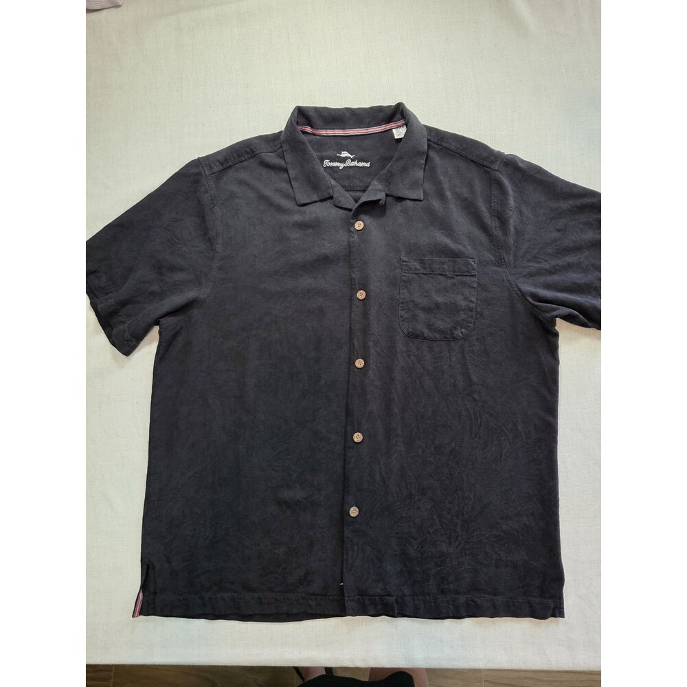 Tommy Bahama 100% Silk Camp Shirt Mens XL Black Tropical Jacquard Monochrome